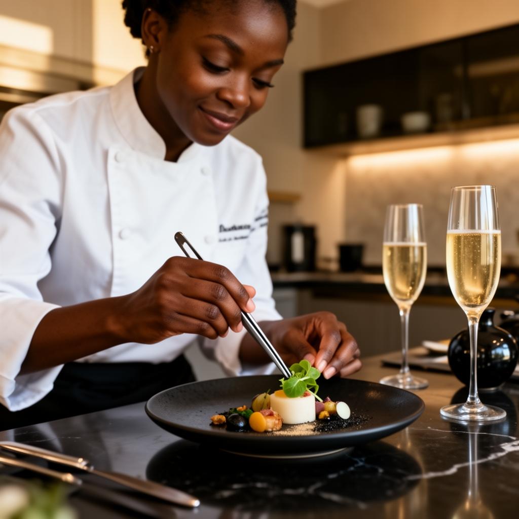 A chef plating a tasting course in a private villa kitchen