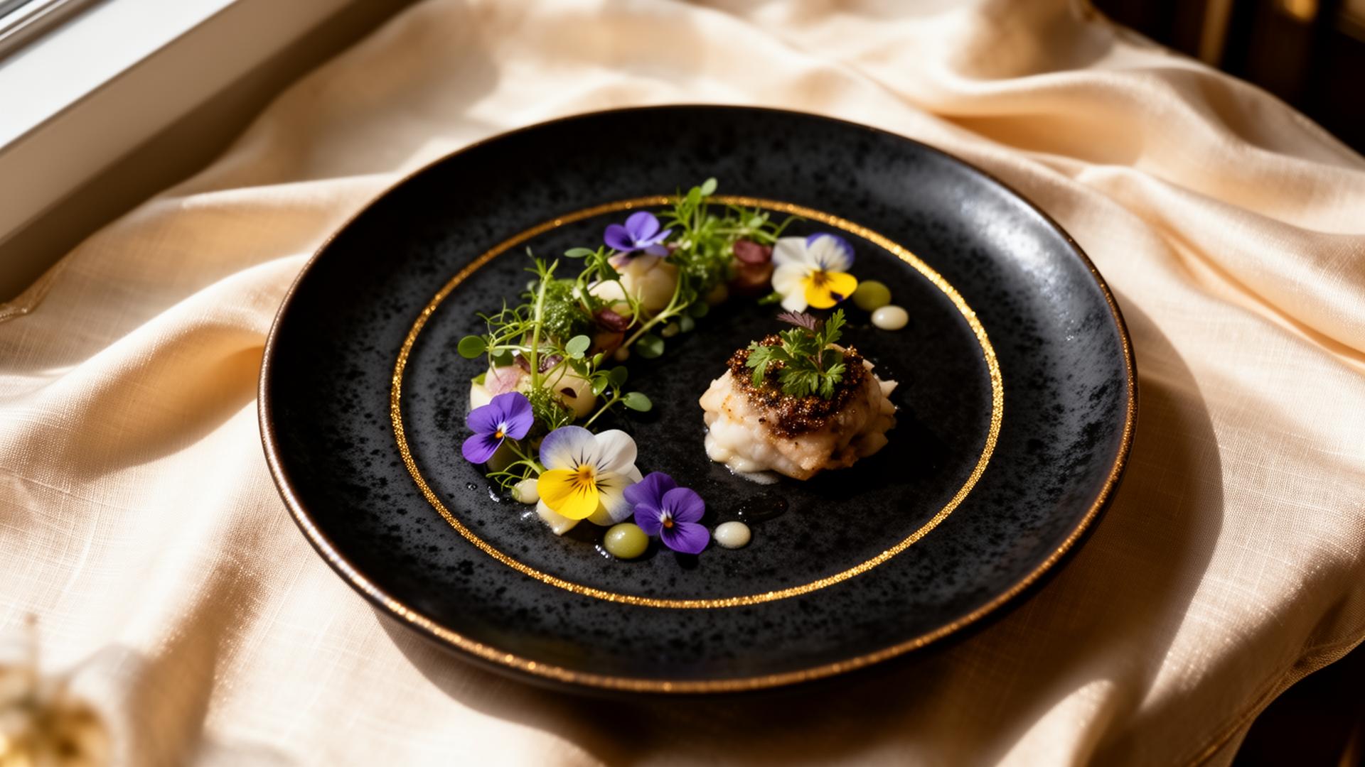 A plated tasting course on champagne linen