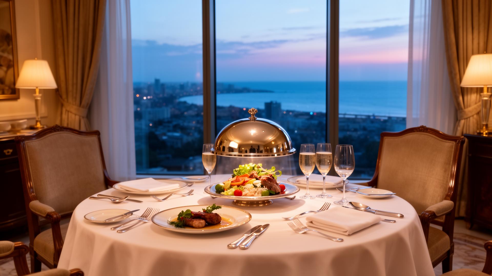 A private dining table set up in a hotel suite at dusk